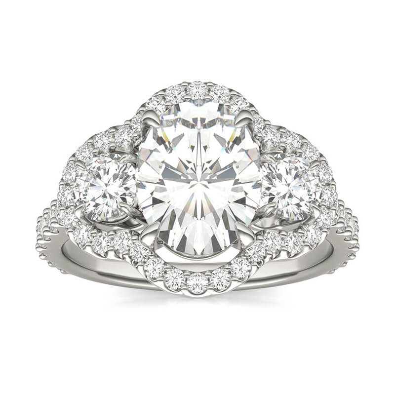 Halo Three Stone Oval Cut Moissanite Pave Engagement Ring
