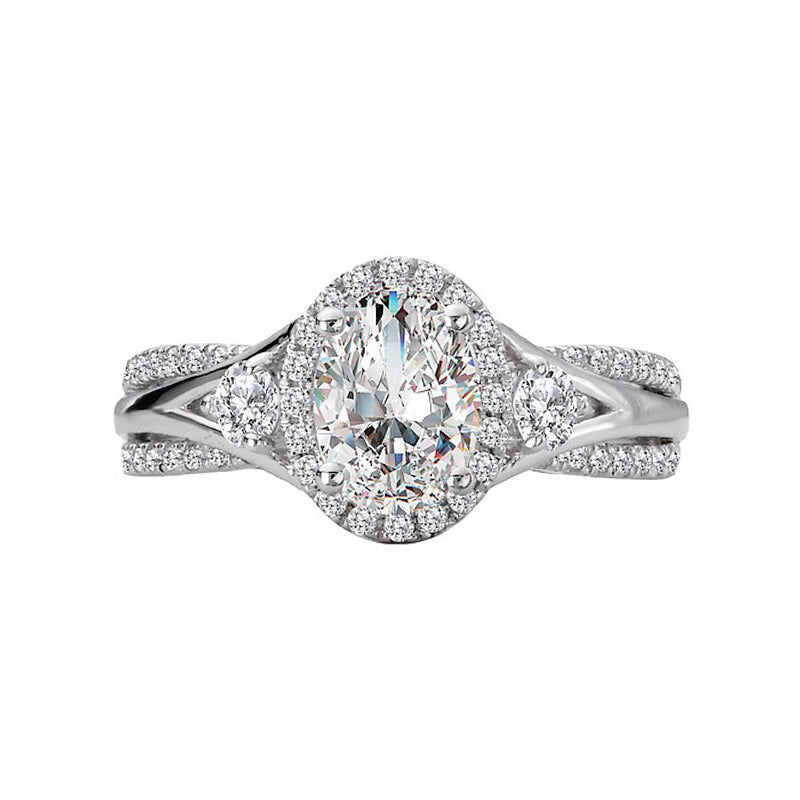 Halo Three Stone Oval Moissanite Triple Shank Pave Engagement Ring