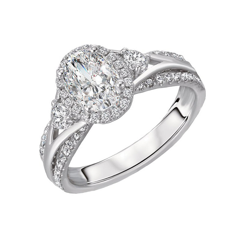 Halo Three Stone Oval Moissanite Triple Shank Pave Engagement Ring