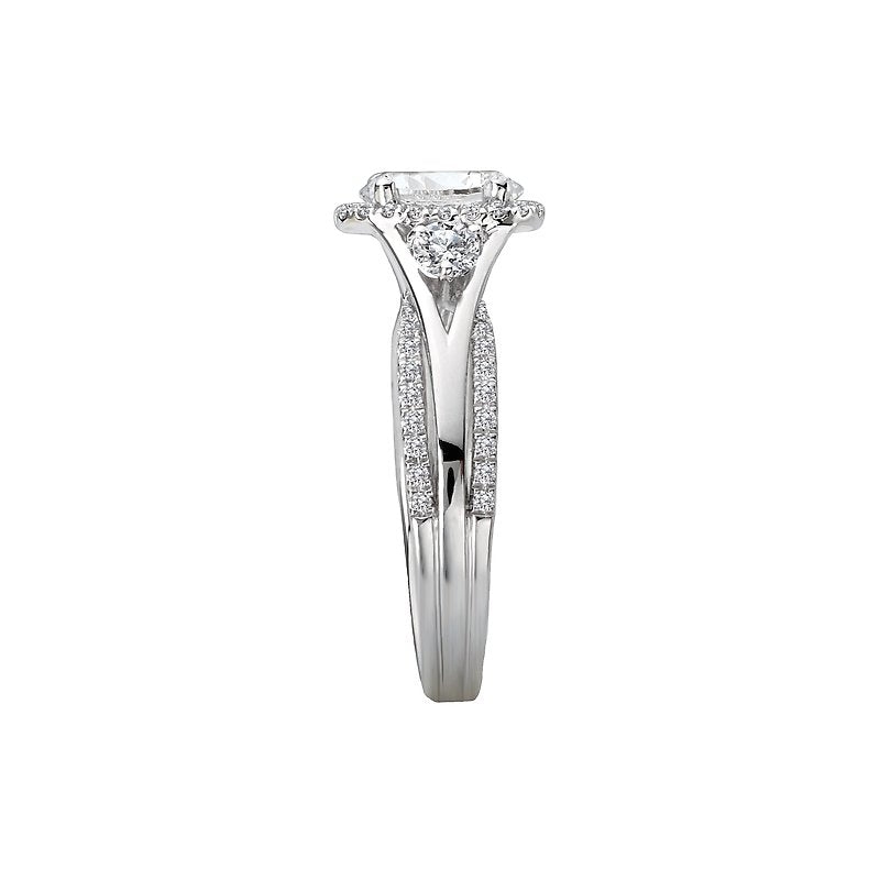 Halo Three Stone Oval Moissanite Triple Shank Pave Engagement Ring