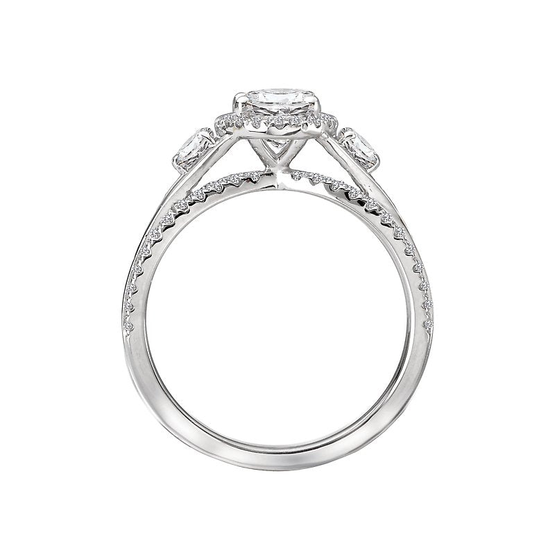 Halo Three Stone Oval Moissanite Triple Shank Pave Engagement Ring