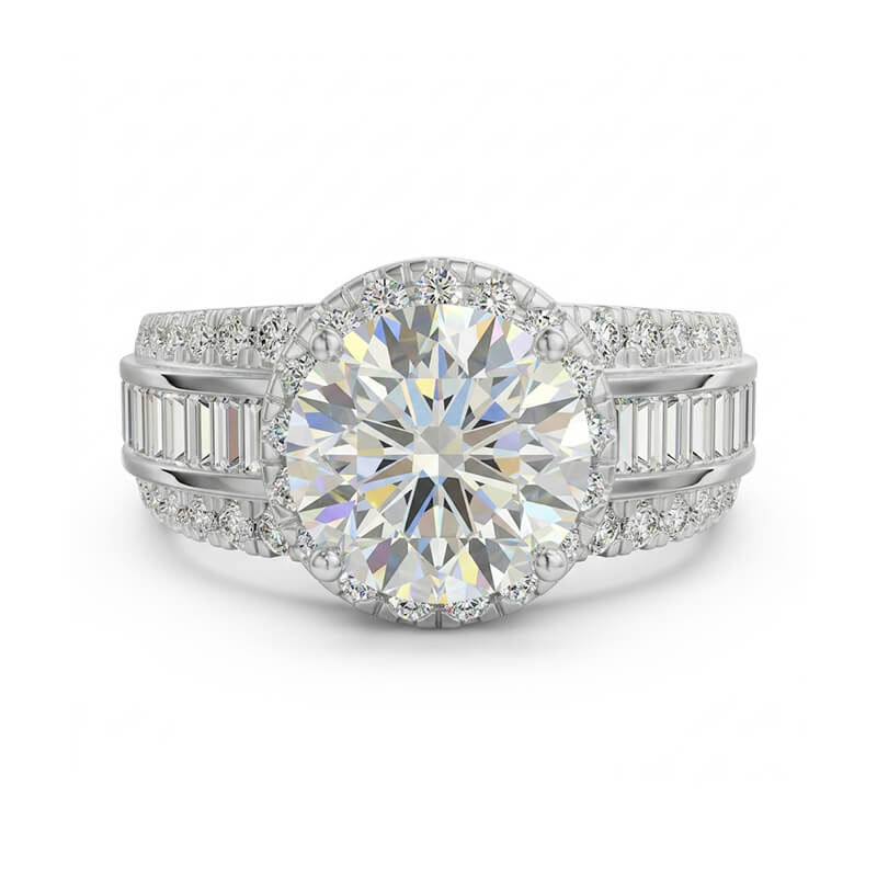 Halo Triple-Row Pave and Baguette Shank Moissanite Engagement Ring