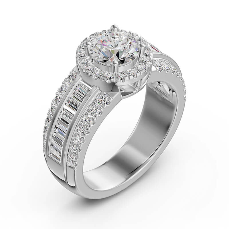 Halo Triple-Row Pave and Baguette Shank Moissanite Engagement Ring
