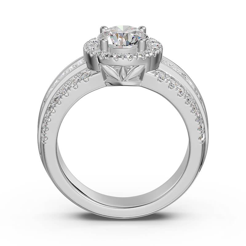 Halo Triple-Row Pave and Baguette Shank Moissanite Engagement Ring