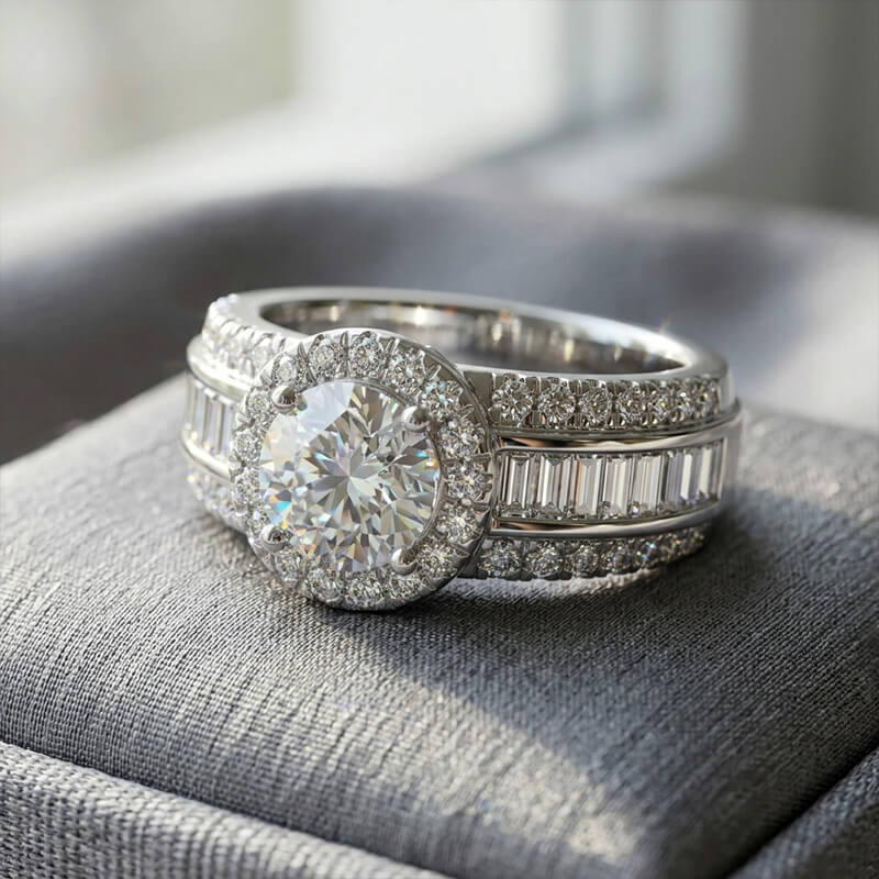Halo Triple-Row Pave and Baguette Shank Moissanite Engagement Ring