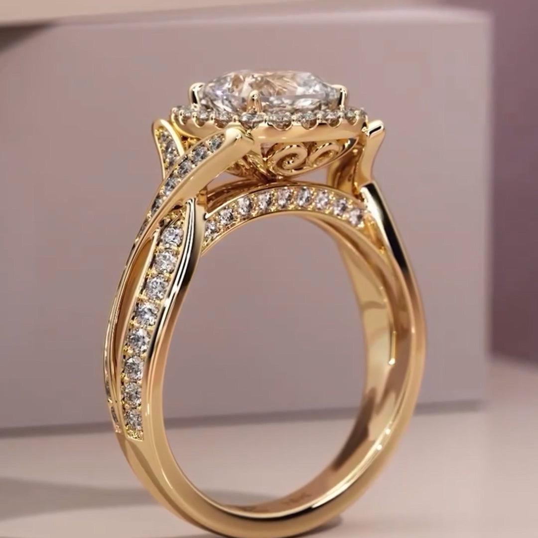 Halo Round Moissanite X-Cross Pave Engagement Ring