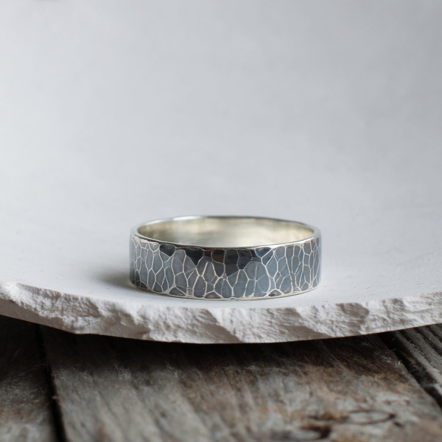 Hammered oxidised 6mm wide silver ring