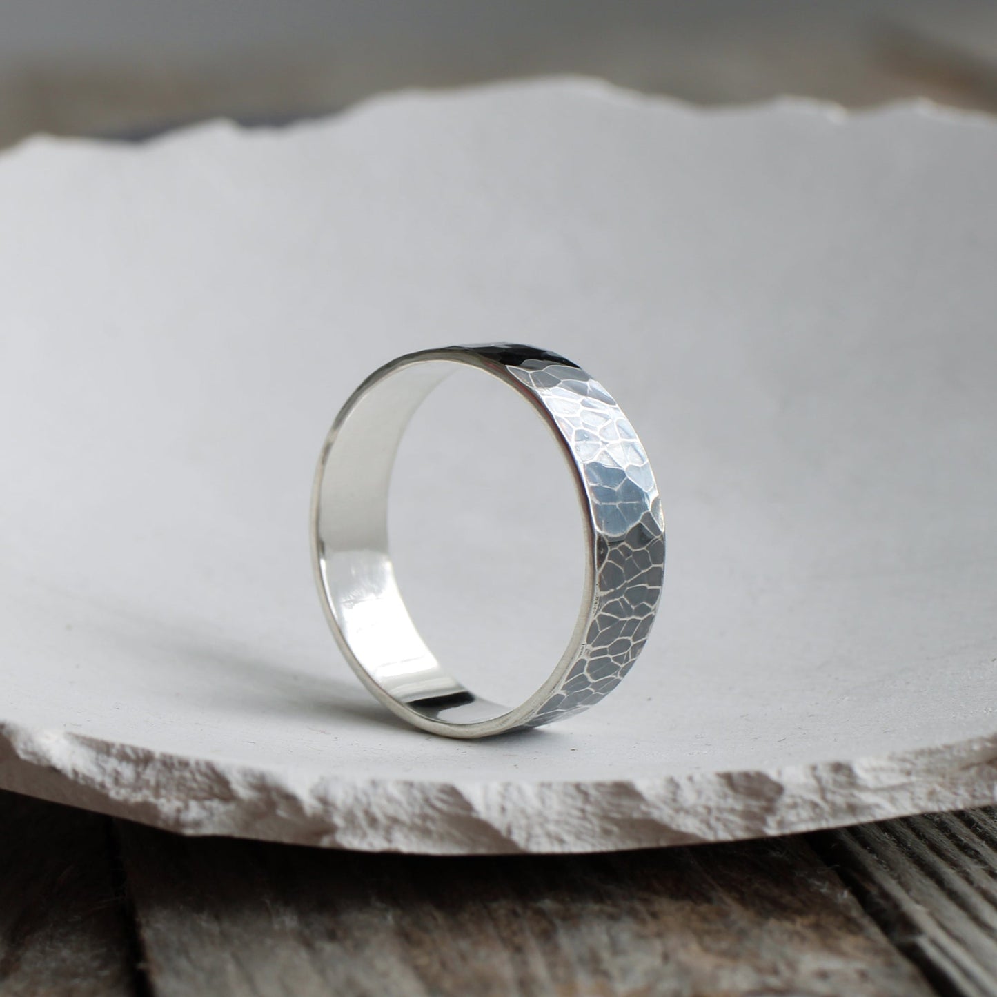 Hammered oxidised 6mm wide silver ring