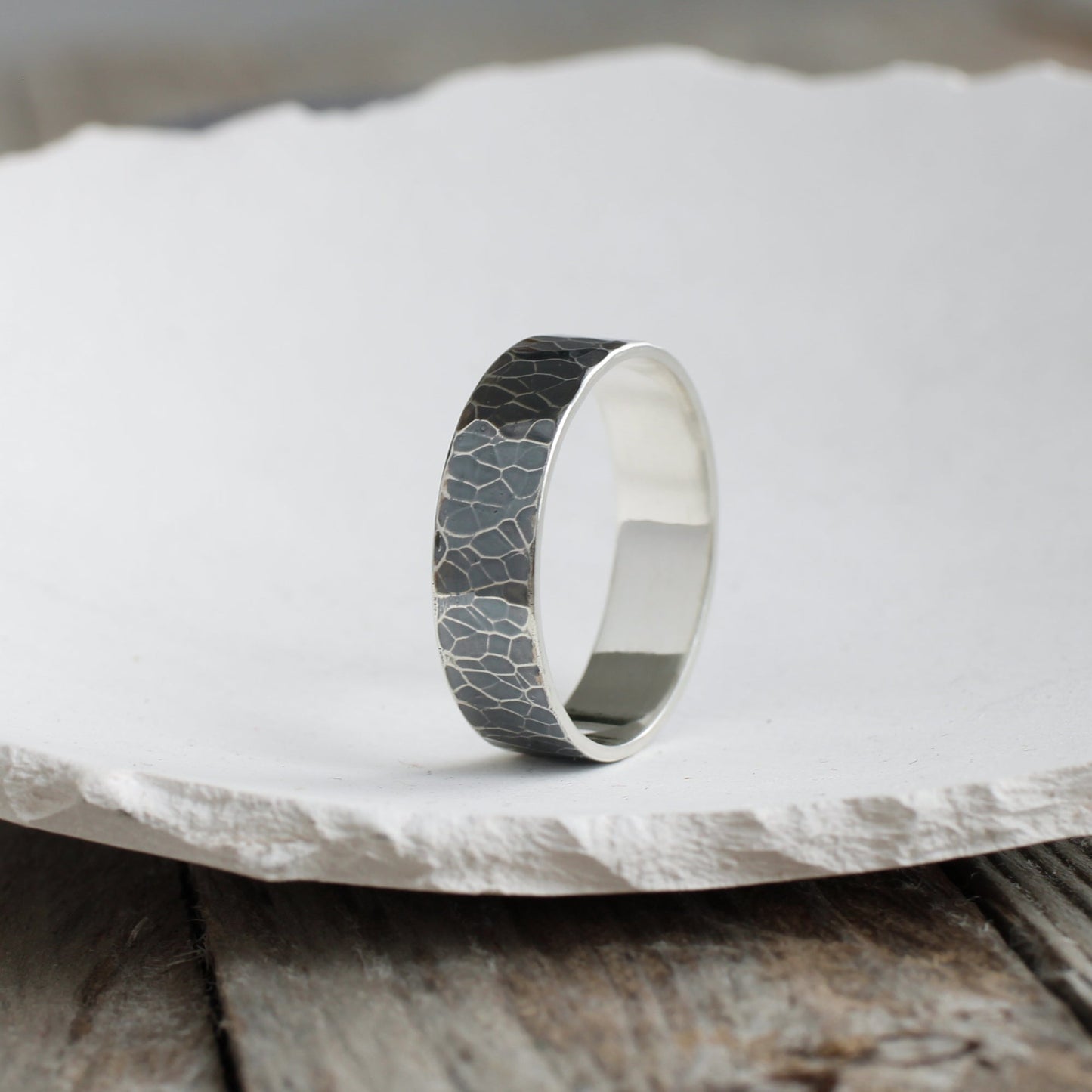 Hammered oxidised 6mm wide silver ring