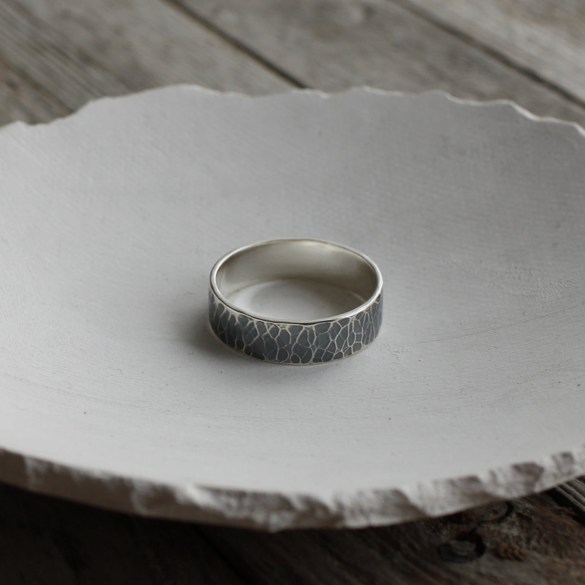 Hammered oxidised 6mm wide silver ring