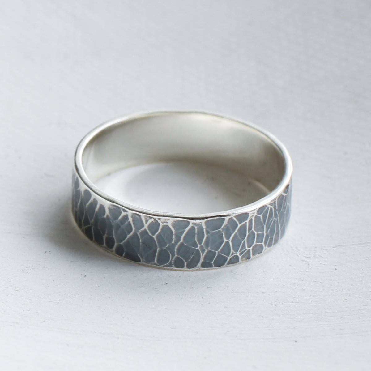 Hammered oxidised 6mm wide silver ring