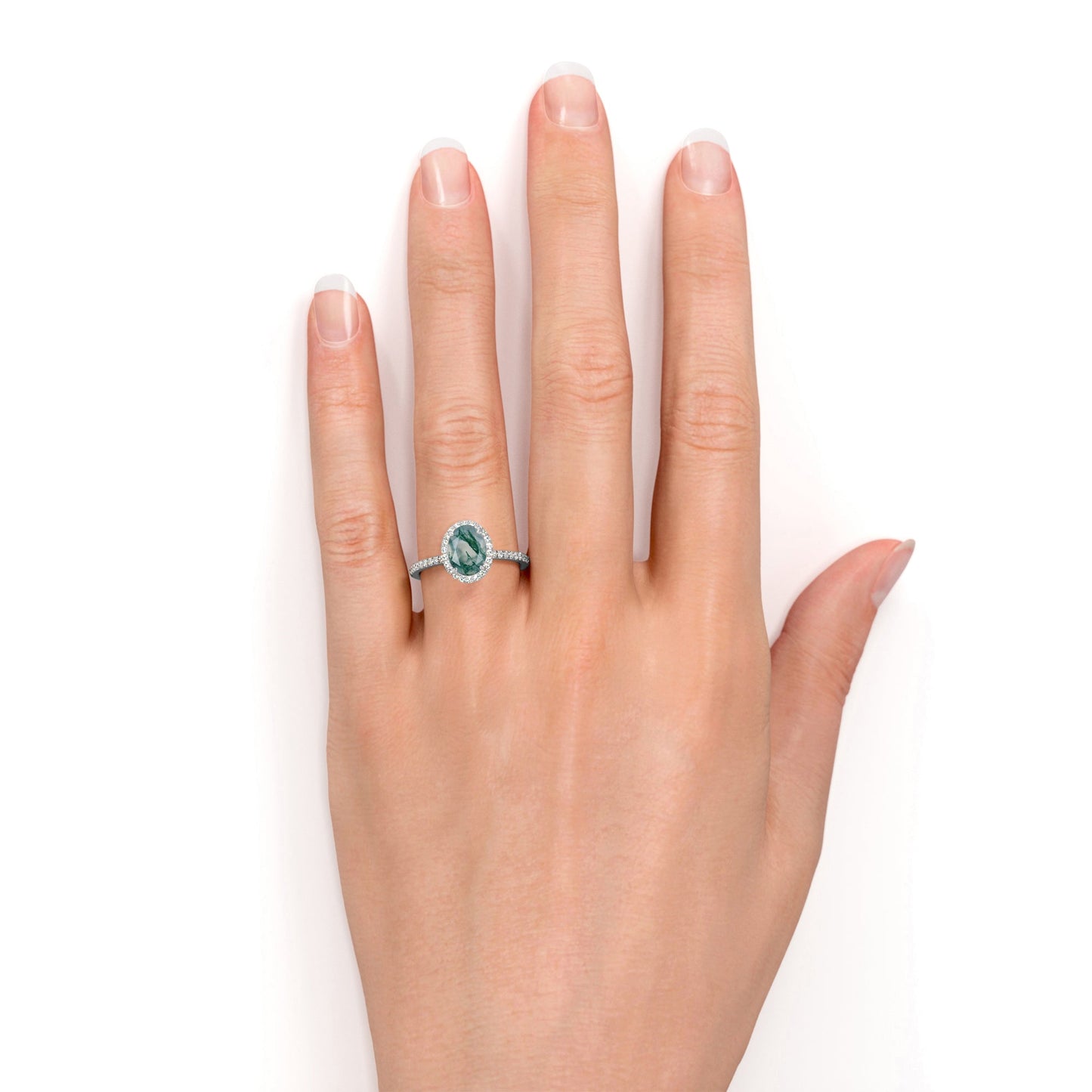 Halo 1.50 Carat Oval Green Moss Agate Ring