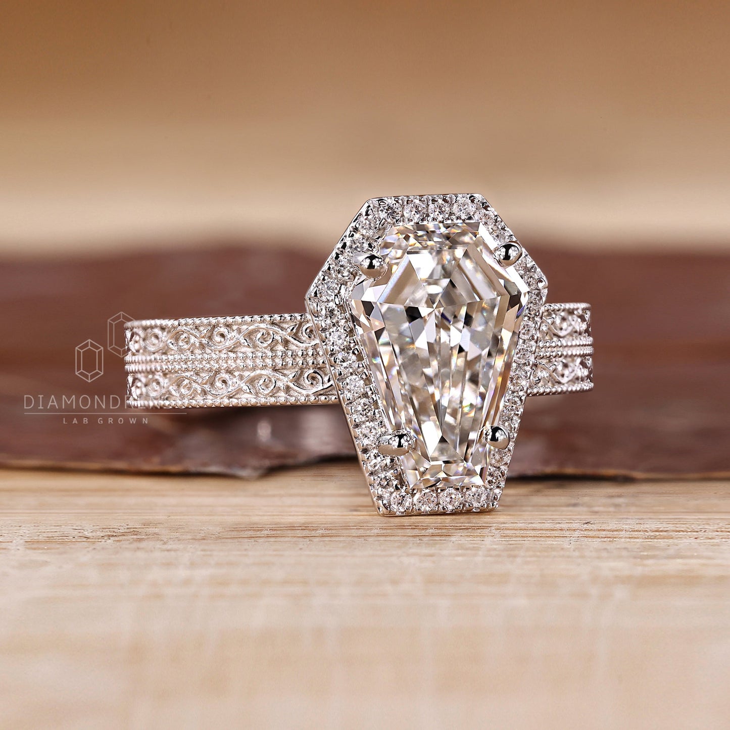Coffin Cut Engagement Ring with Milgrain Details