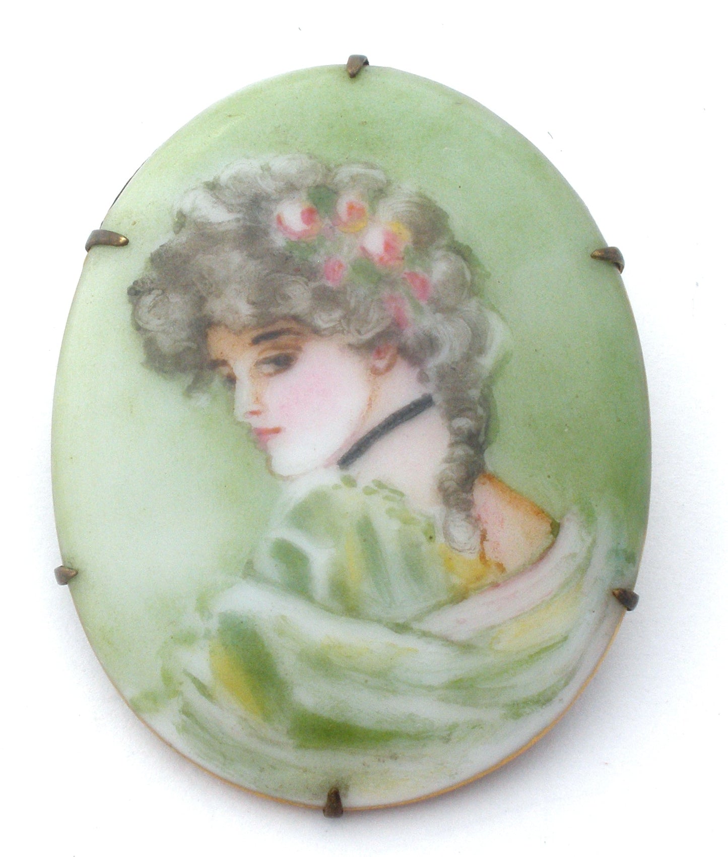 Hand Painted Miniature Portrait Lady Brooch Victorian