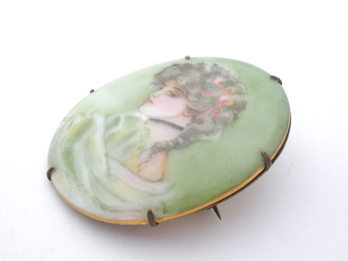 Hand Painted Miniature Portrait Lady Brooch Victorian