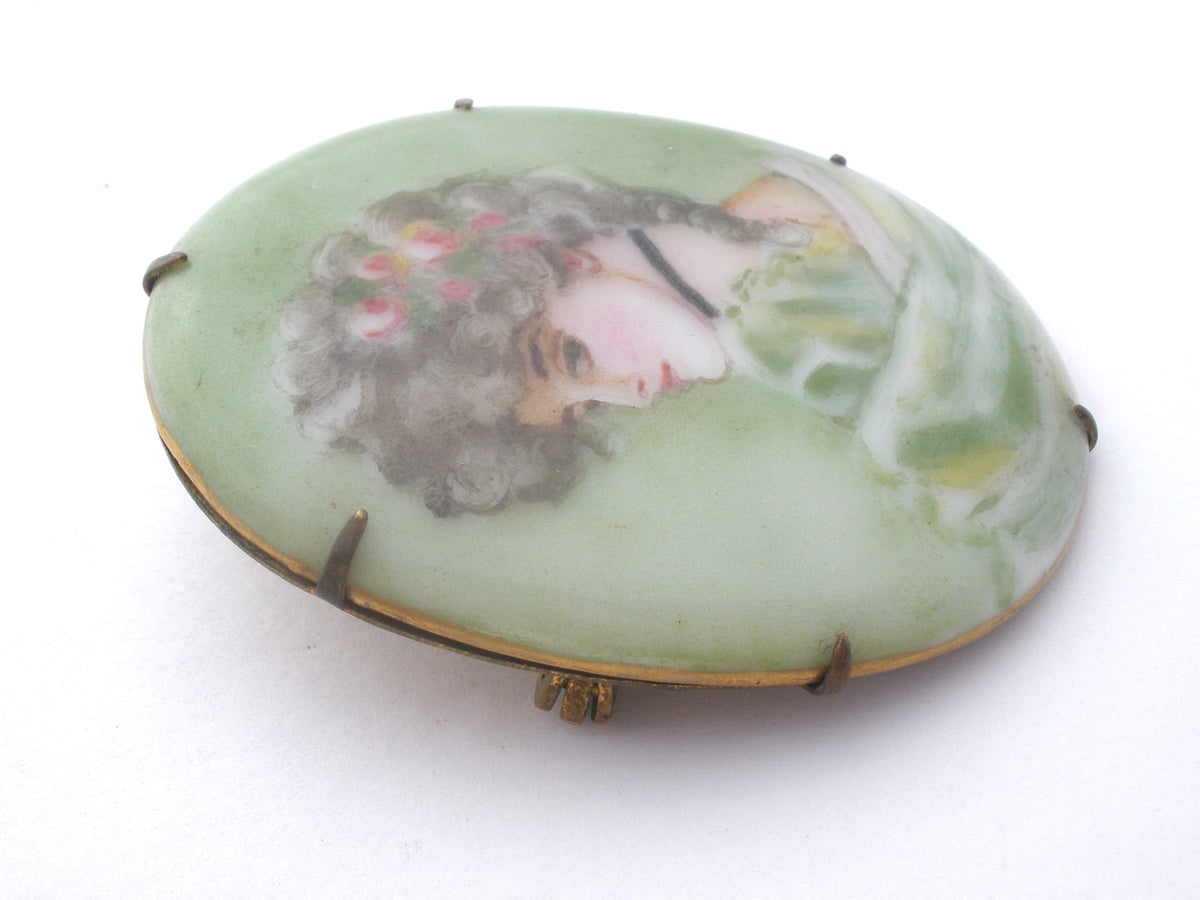 Hand Painted Miniature Portrait Lady Brooch Victorian