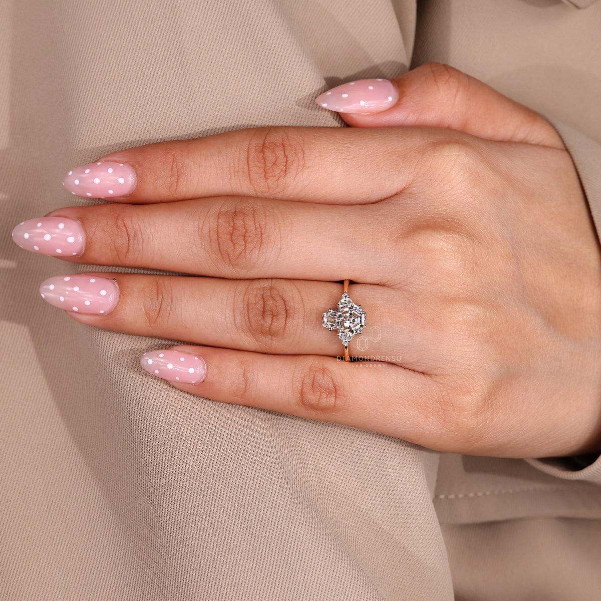 Coffin Cut Diamond Ring with Round Side Stones and Muse Setting