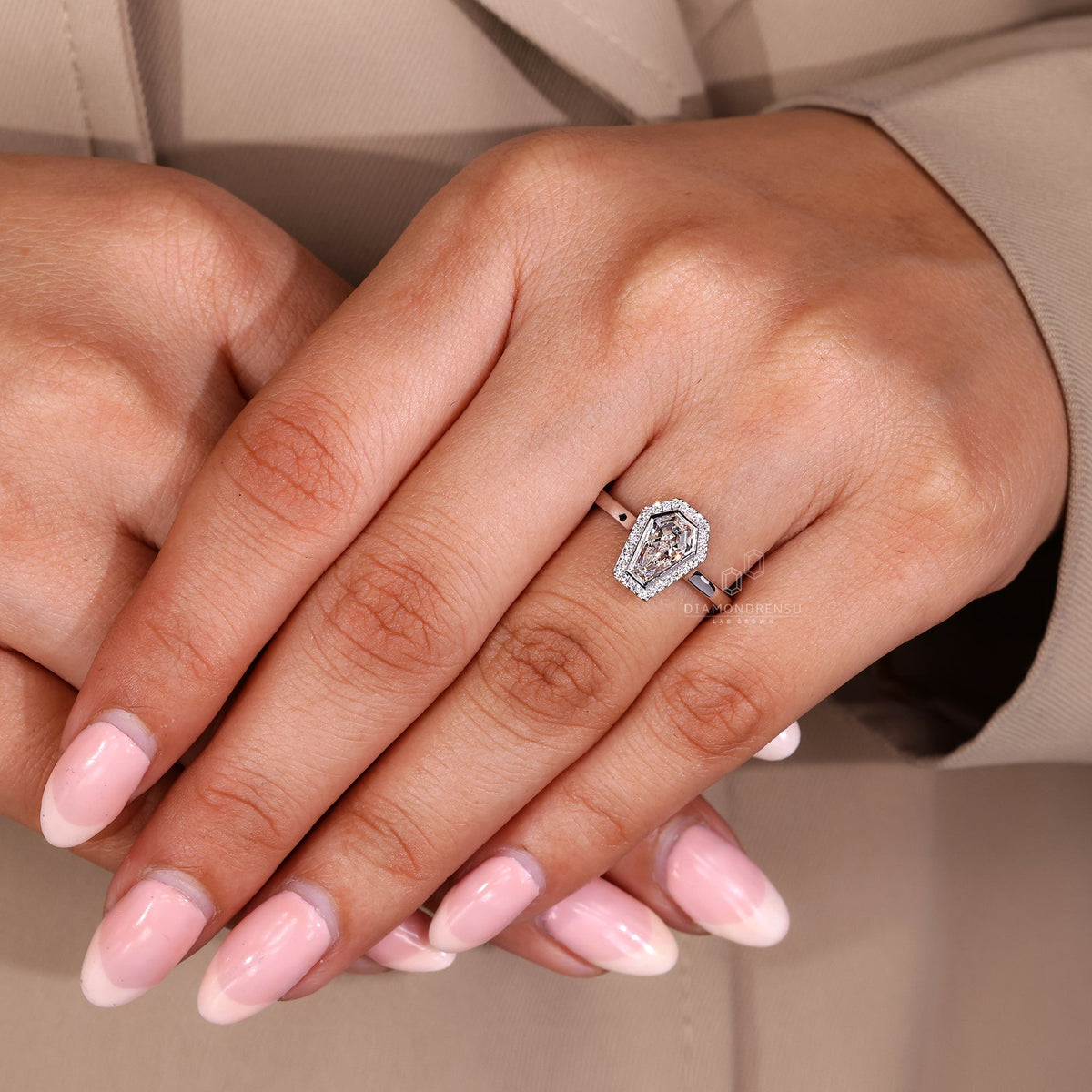 Bezel Set Round Halo Diamond Ring with Coffin Center Stone