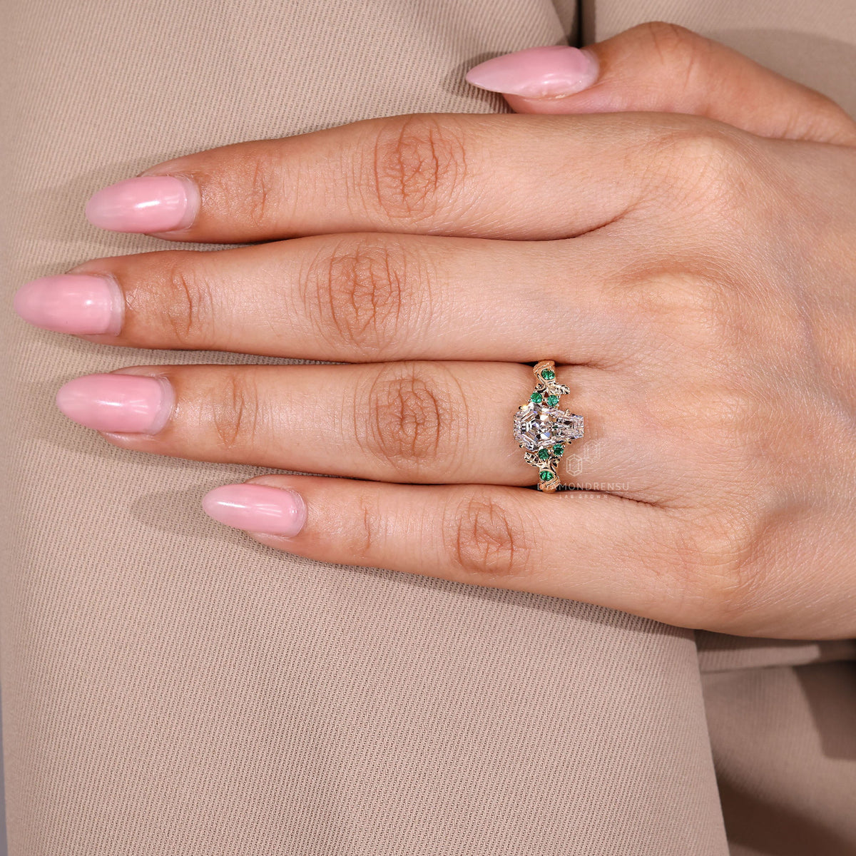 Coffin Cut Engagement Ring with Green Emerald Round Side Stones