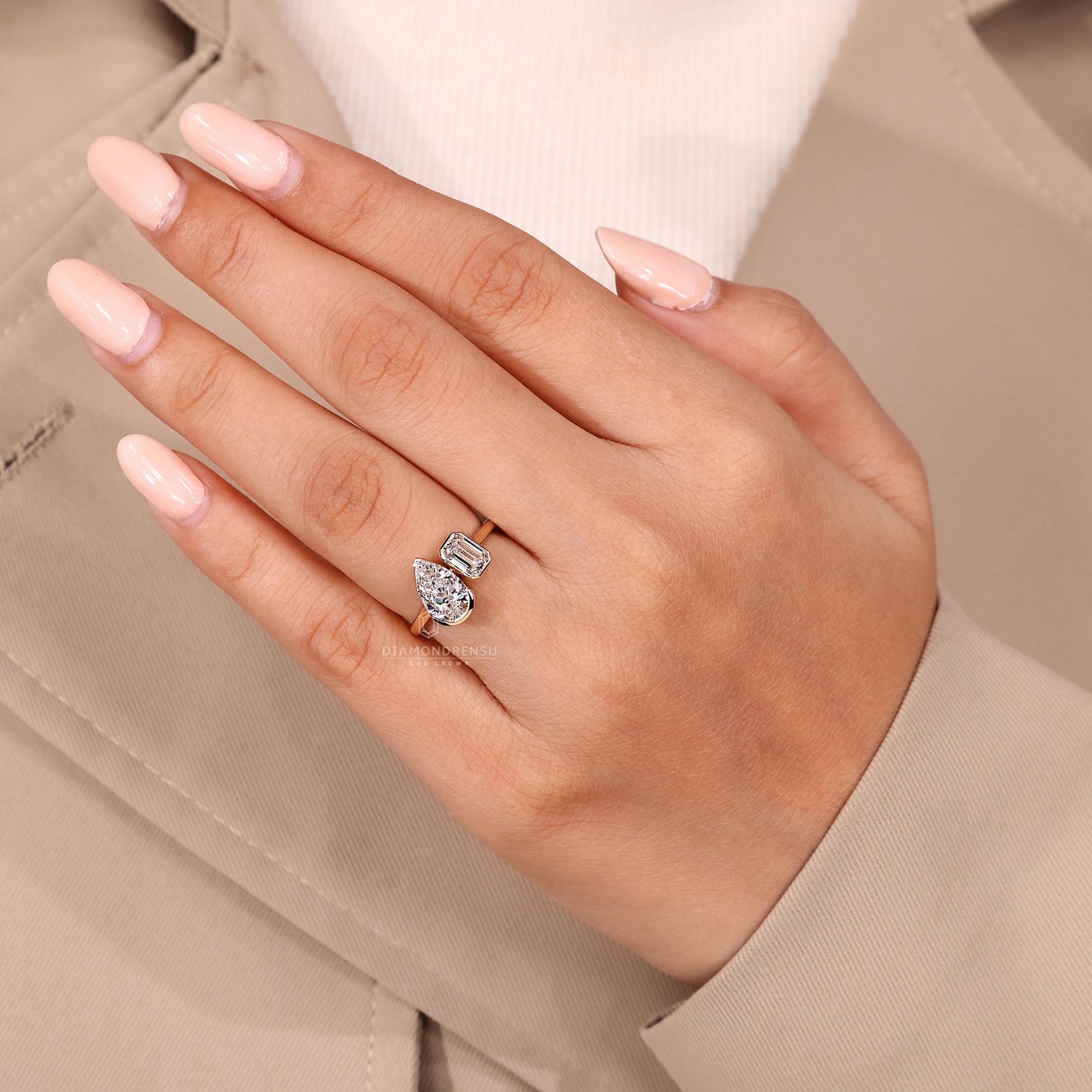 Bezel Set Pear and Emerald Diamond Toi Et Moi Engagement Ring