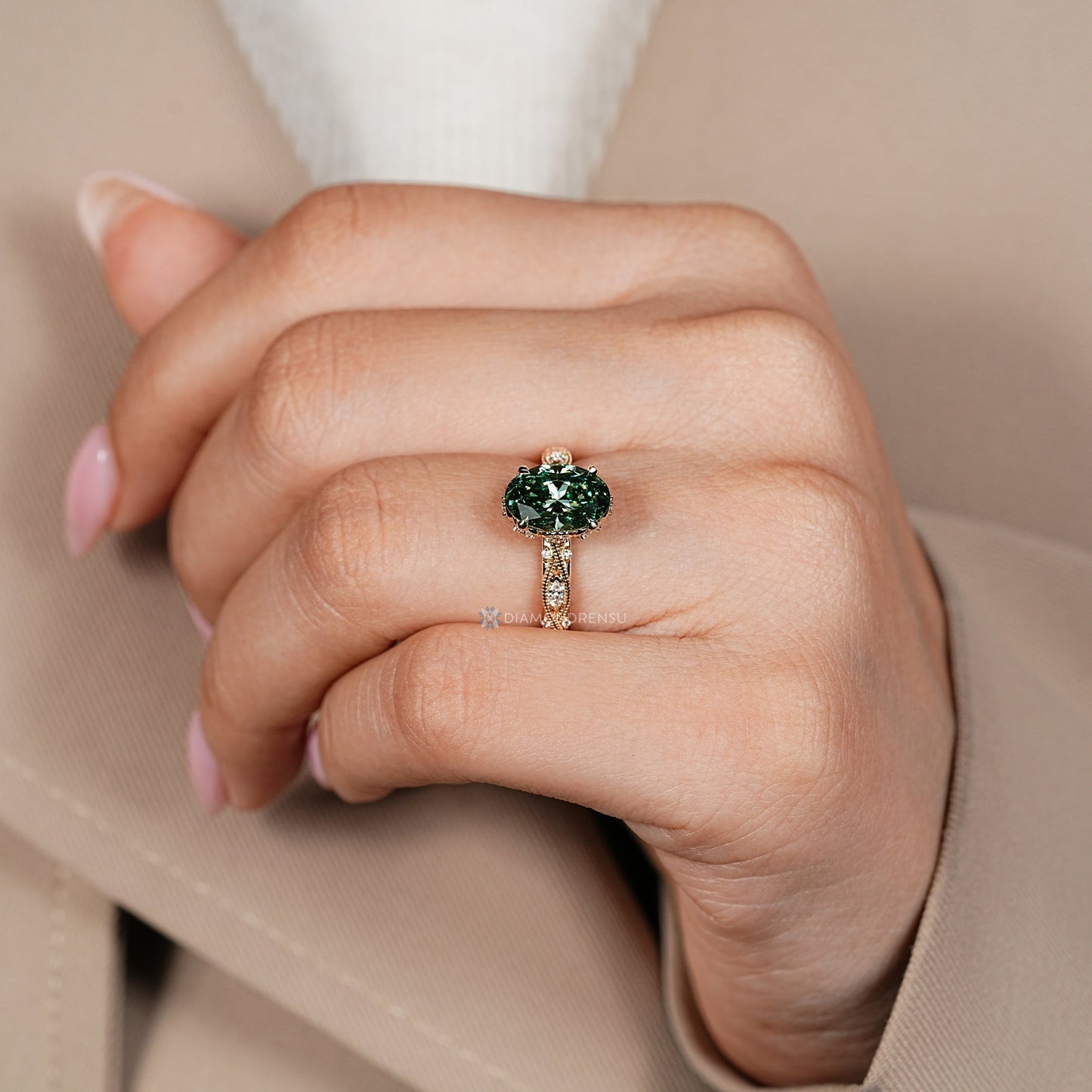 Green Oval Cut Diamond Ring with Marquise Outline Round Side Stones