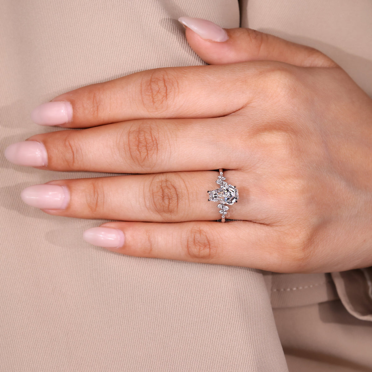 Cluster Diamond Ring with Coffin Center Stone and Tulip Setting
