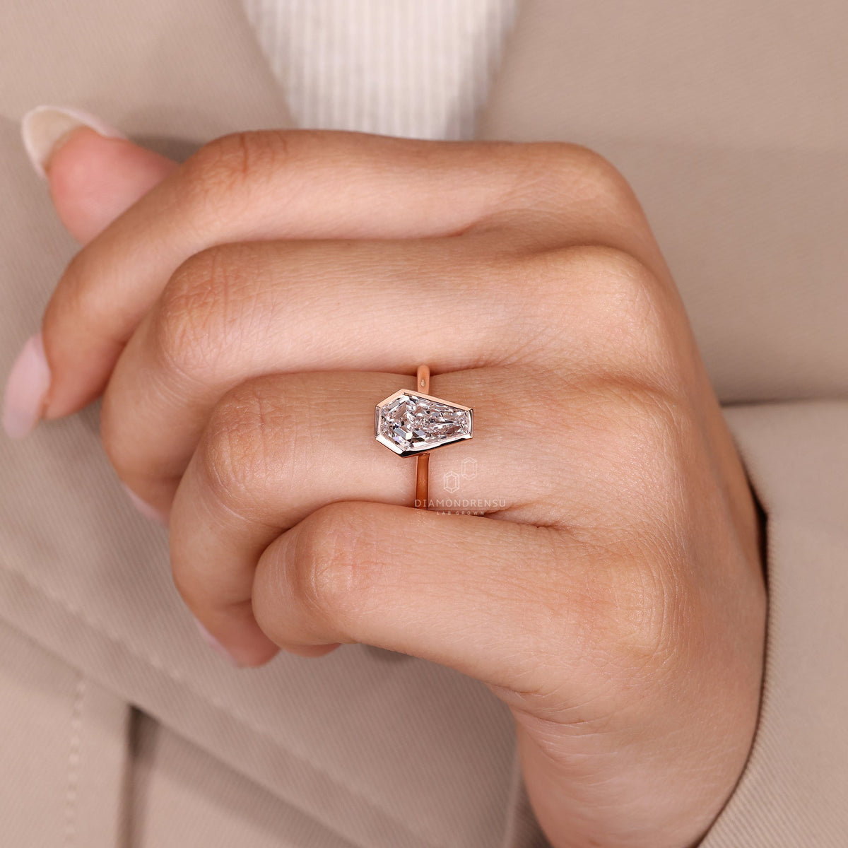 Coffin Cut Solitaire Diamond Ring with Cathedral and Bezel Setting