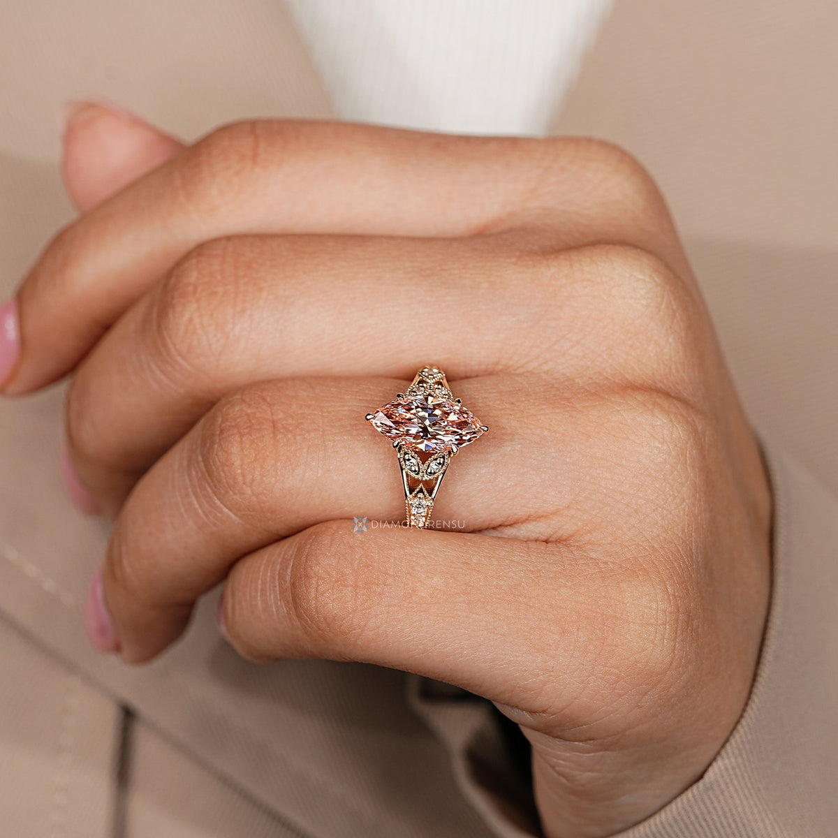 Pink Marquise Art Deco Ring with Round Side Stones and Milgrain Details