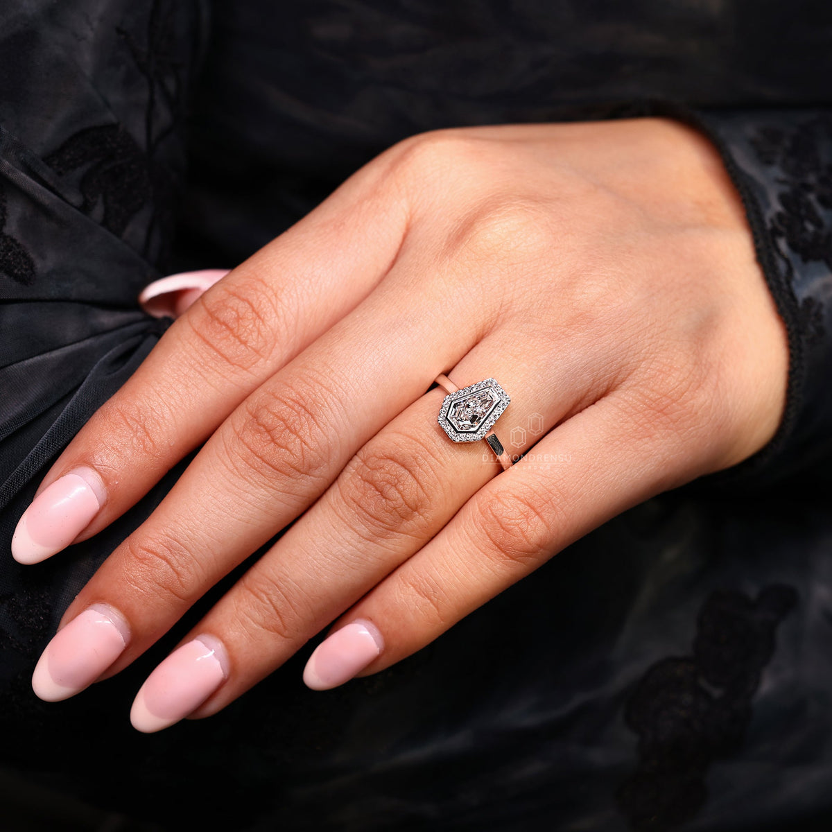 Bezel Set Round Halo Diamond Ring with Coffin Center Stone