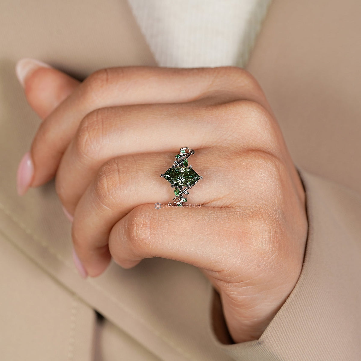Green Dutch Marquise Diamond Ring in Nature Inspired Style