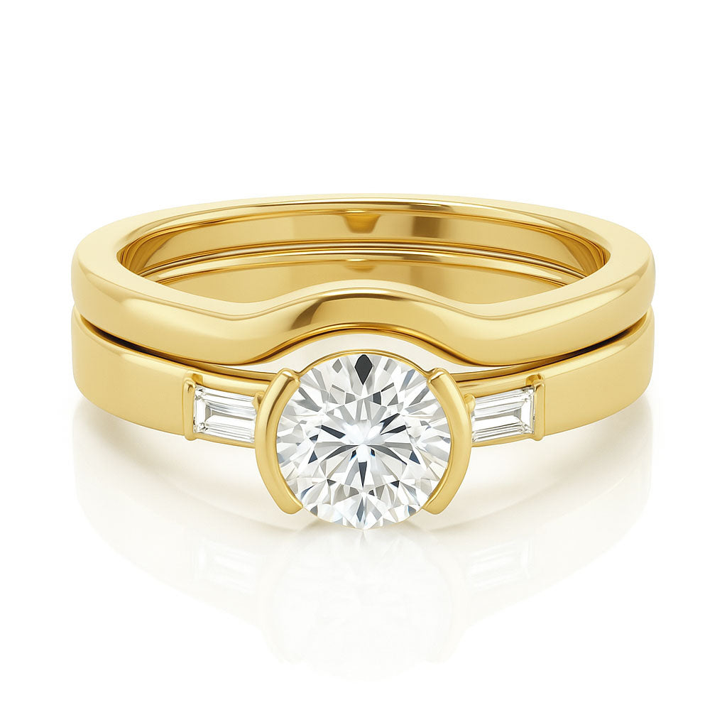 Harper Bridal Set - 1CTW Round Lab Diamond & Baguette Accented Half Bezel Engagement Ring & Band