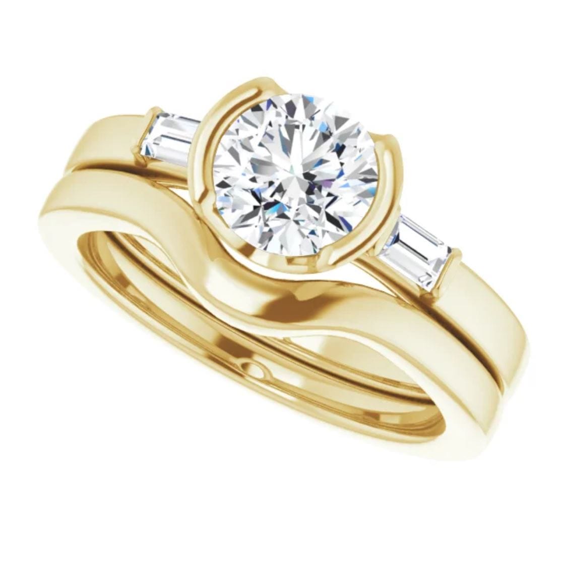 Harper Bridal Set - 1CTW Round Lab Diamond & Baguette Accented Half Bezel Engagement Ring & Band