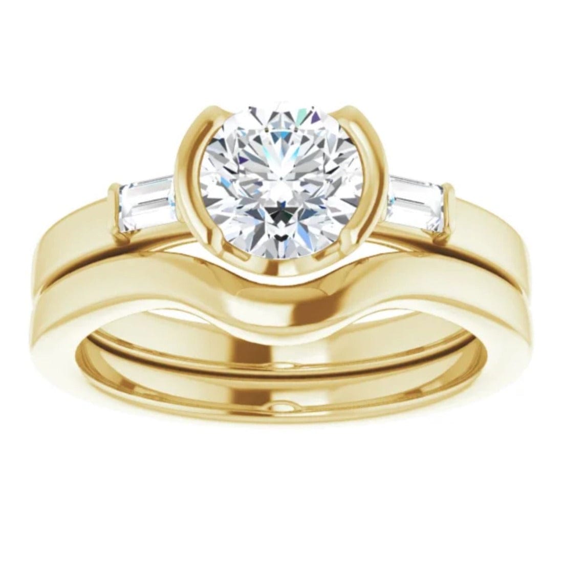 Harper Bridal Set - 1CTW Round Lab Diamond & Baguette Accented Half Bezel Engagement Ring & Band