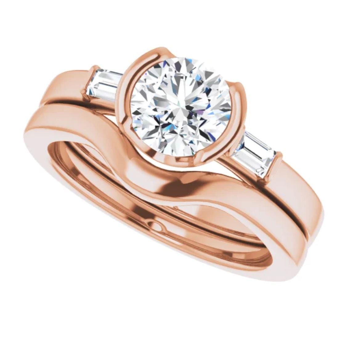 Harper Bridal Set - 1CTW Round Lab Diamond & Baguette Accented Half Bezel Engagement Ring & Band