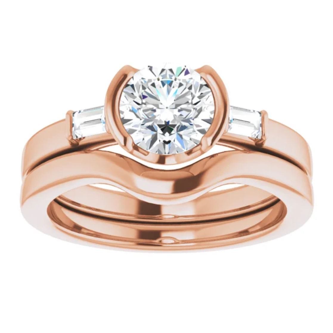 Harper Bridal Set - 1CTW Round Lab Diamond & Baguette Accented Half Bezel Engagement Ring & Band