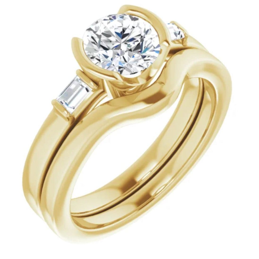Harper Bridal Set - 1CTW Round Lab Diamond & Baguette Accented Half Bezel Engagement Ring & Band