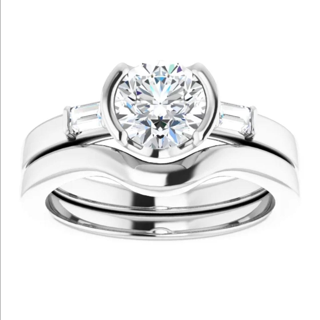 Harper Bridal Set - 1CTW Round Lab Diamond & Baguette Accented Half Bezel Engagement Ring & Band
