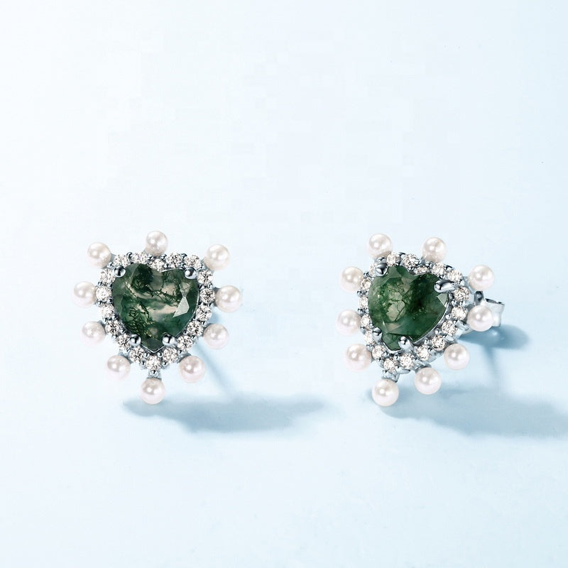 Vintage Heart Moss Agate & Pearl Halo Earrings