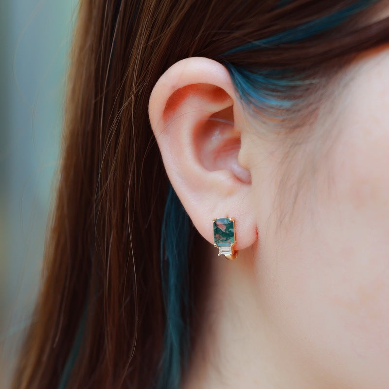 Moss Agate Accent Baguette Huggie Hoop Earrings for Women