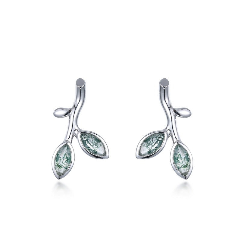 Dainty Sprout Moss Agate Studs Whimsical Tree Branch Earrings Unique Forest Lover Gift