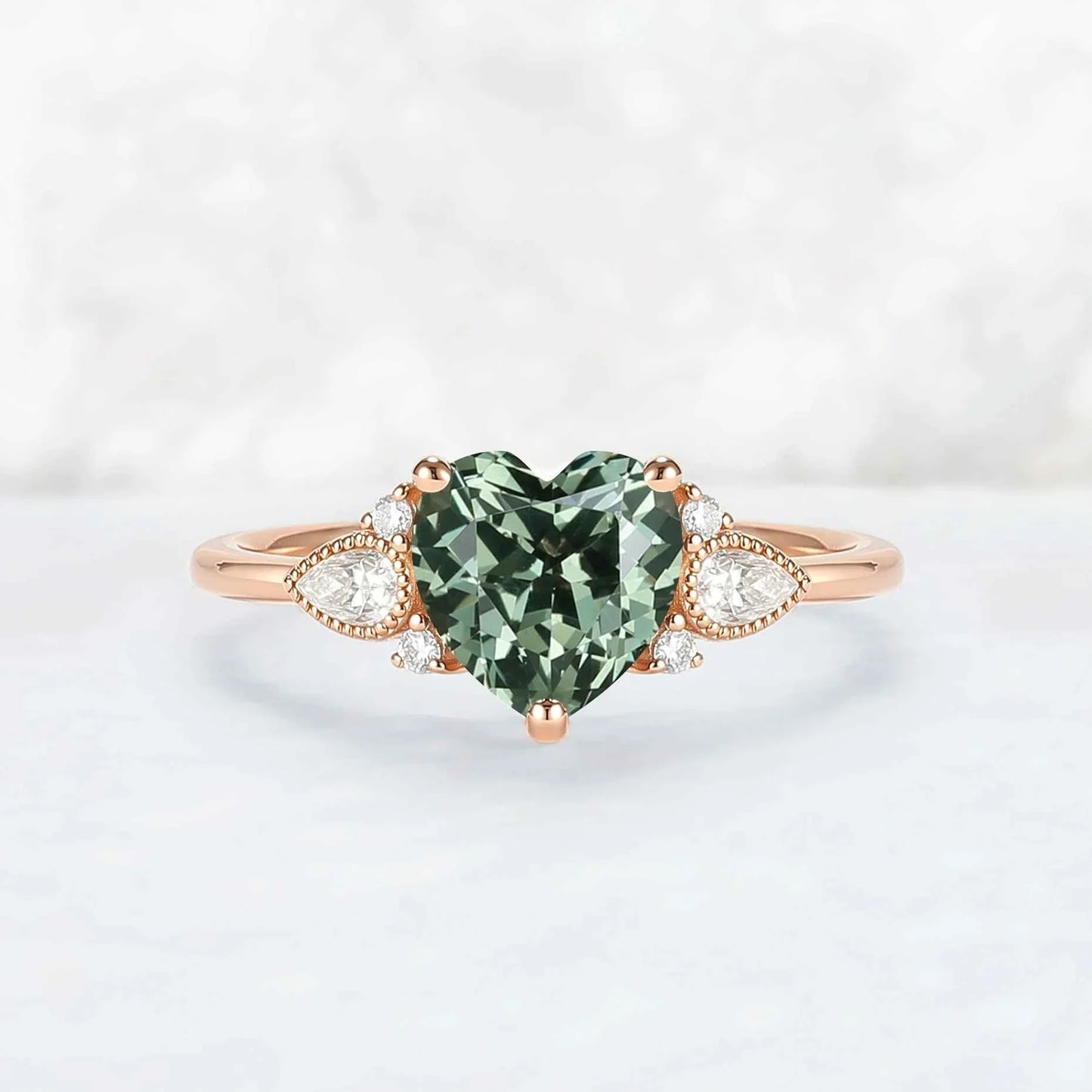 Heart-Cut Green Sapphire Cluster Engagement Ring
