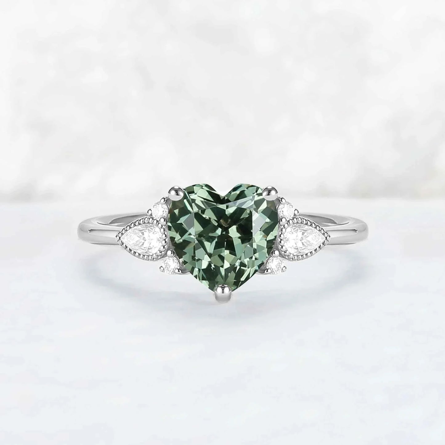 Heart-Cut Green Sapphire Cluster Engagement Ring