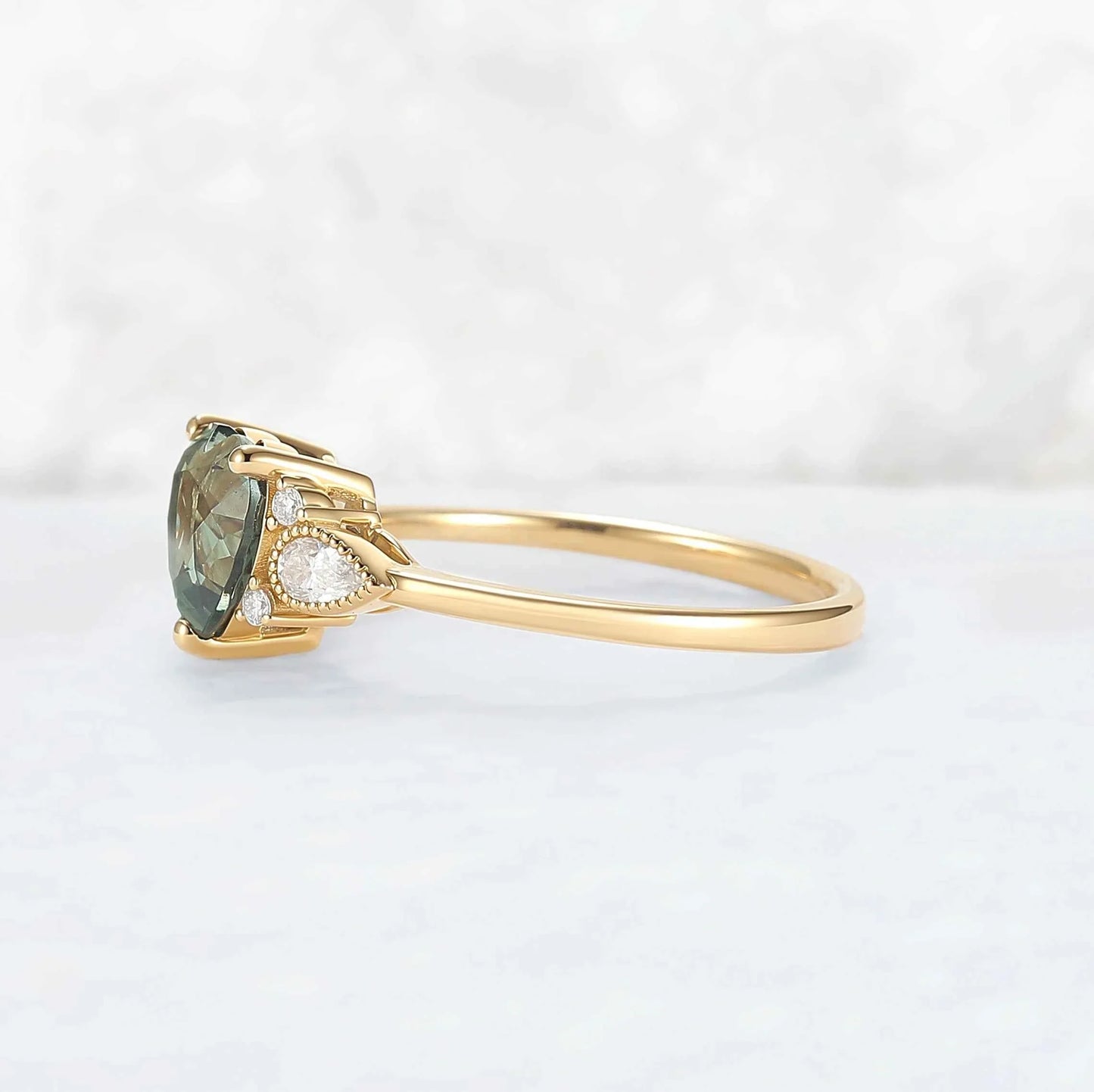 Heart-Cut Green Sapphire Cluster Engagement Ring
