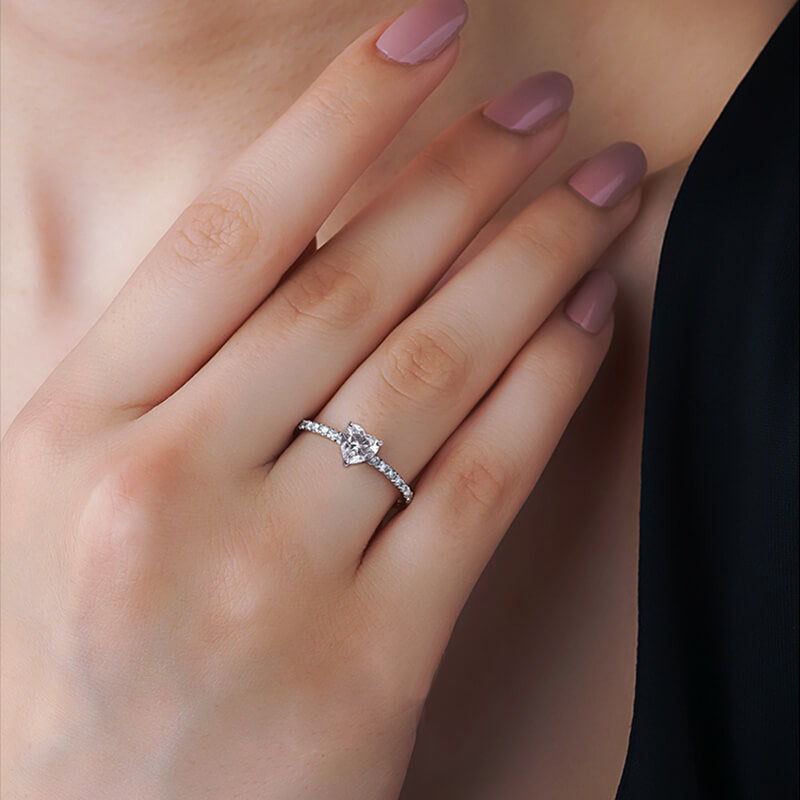 Heart Cut Moissanite Pave Engagement Ring In Sterling Silver