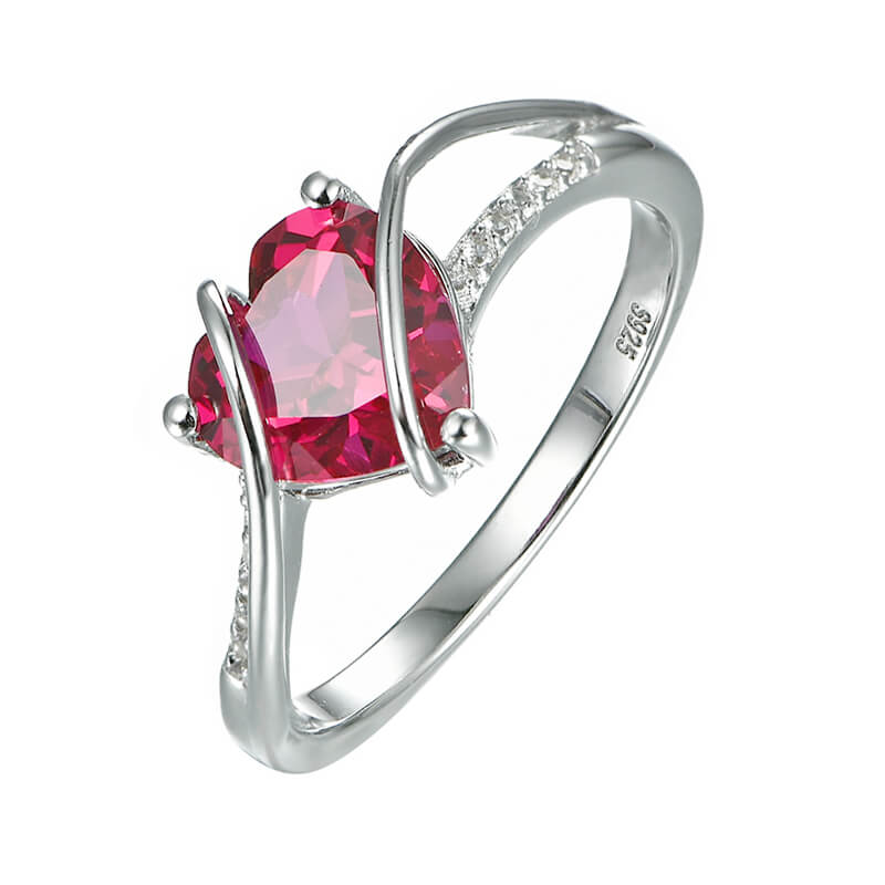 Heart Cut Ruby Split Shank Pave Sterling Silver Ring