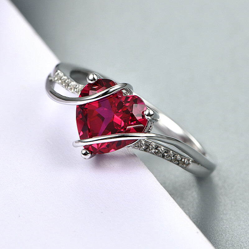 Heart Cut Ruby Split Shank Pave Sterling Silver Ring