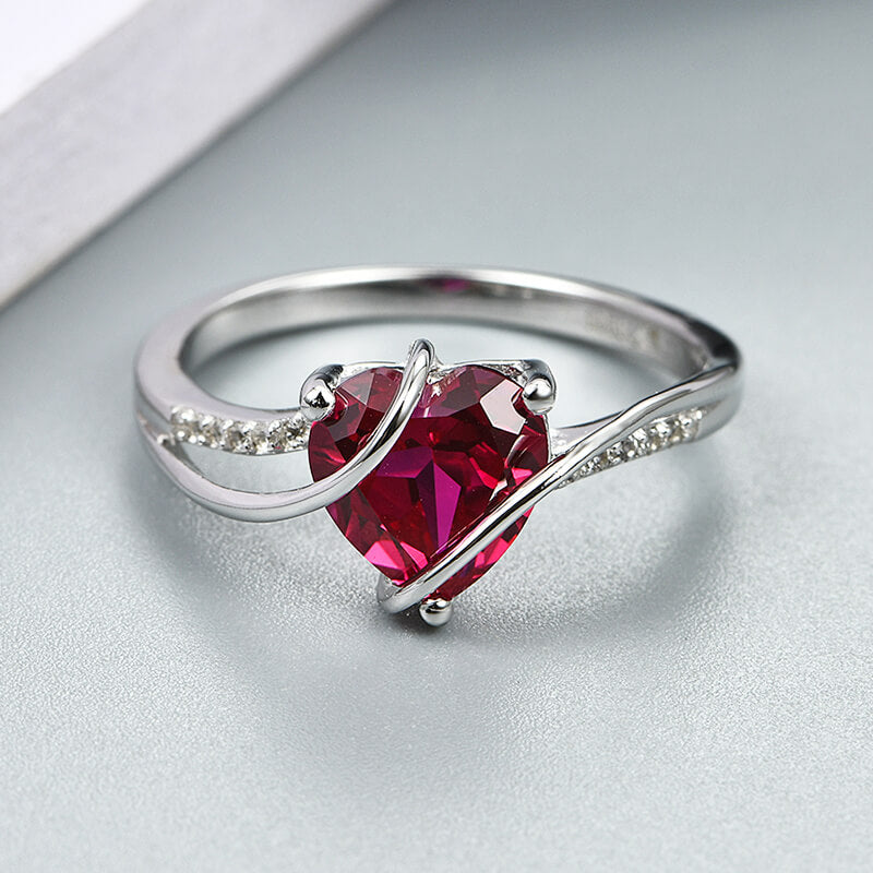 Heart Cut Ruby Split Shank Pave Sterling Silver Ring
