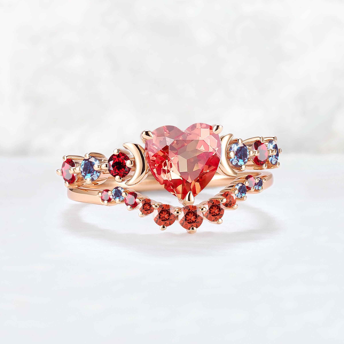 Heart Shape Lab Orange Sapphire Moon Seven Stone Gemstone Ring Set 2pcs