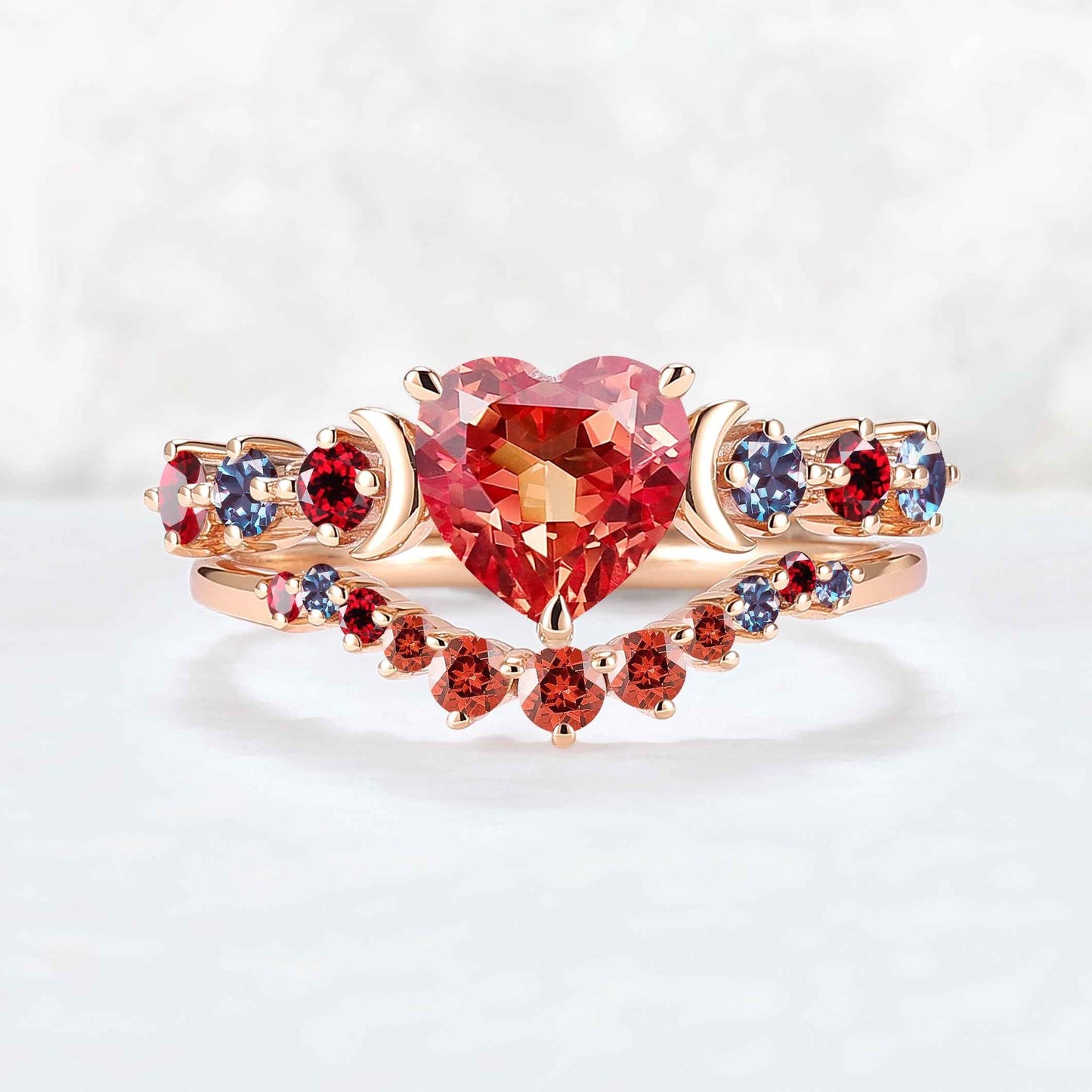 Heart Shape Lab Orange Sapphire Moon Seven Stone Gemstone Ring Set 2pcs