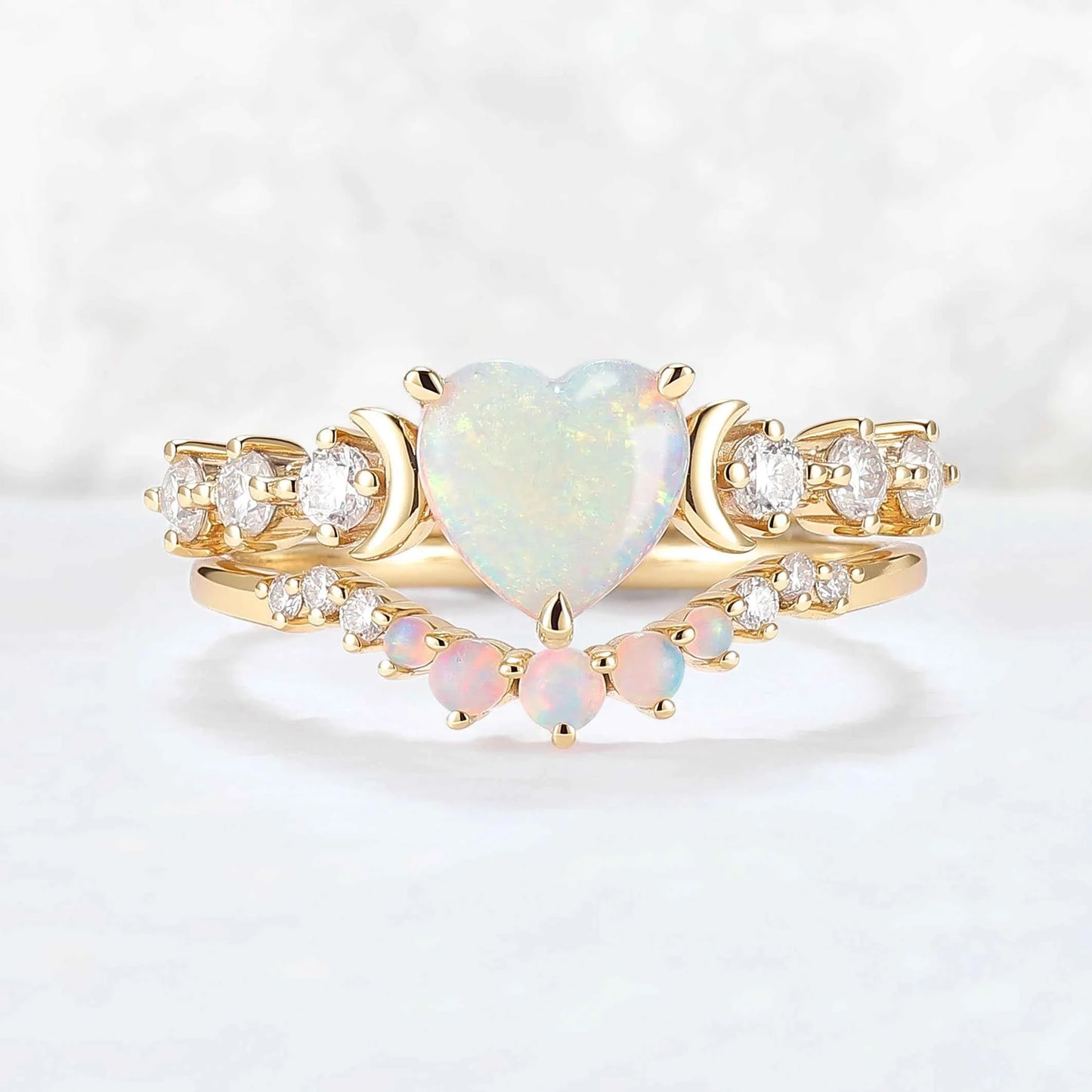Heart Shape Opal Moon Seven Stone Gemstone Ring Set 2pcs